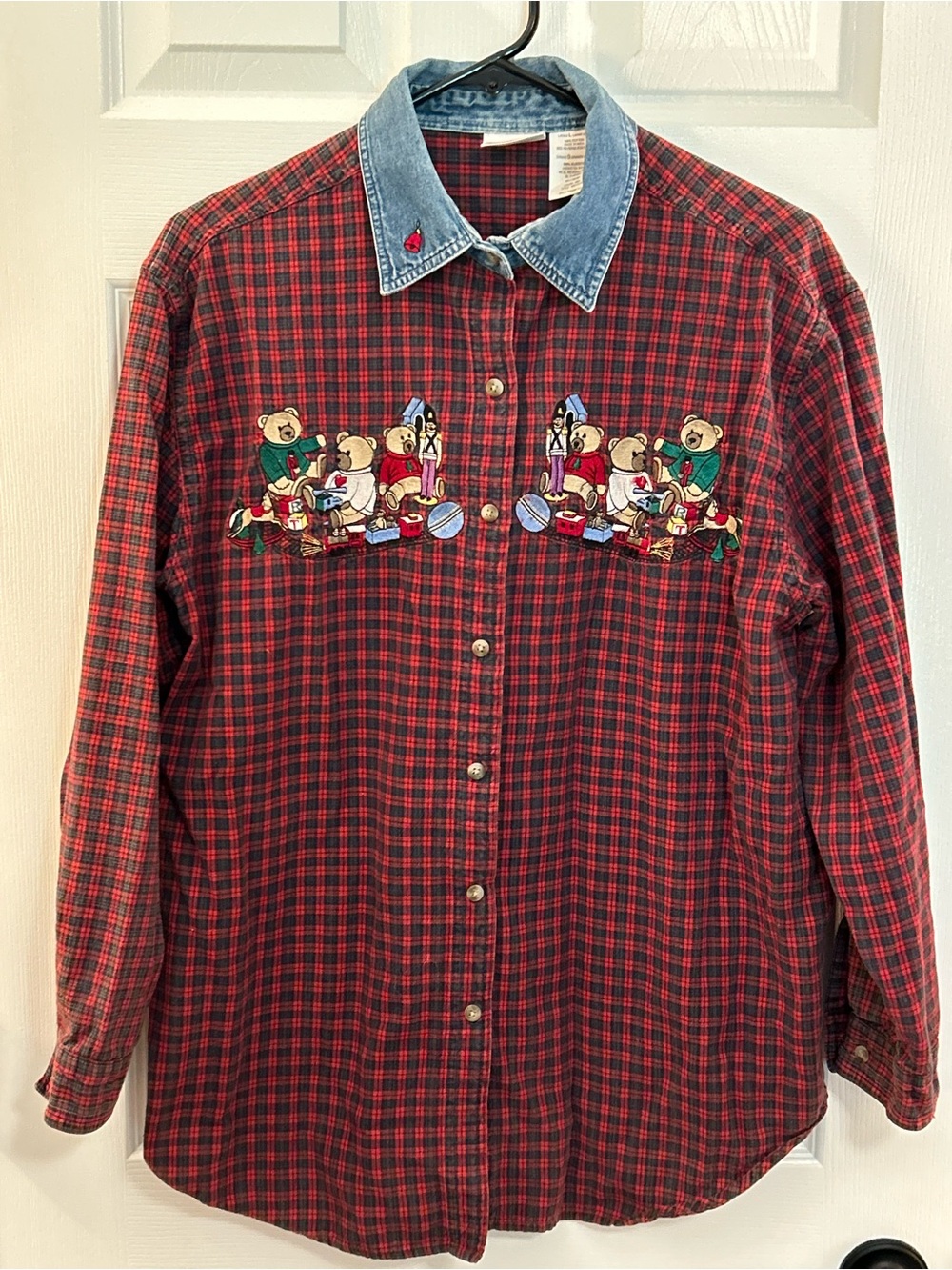 VTG Bobbie Brooks Christmas Plaid Teddy Bear Embroidered Shirt Denim Collar L